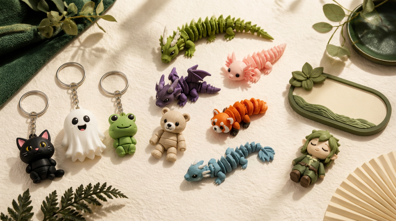 Coleção de chaveiros, personagens articulados e peças personalizadas em 3D